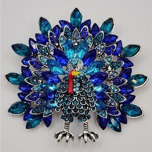 Thanksgiving Turkey Brooch Blue Faux Jewel and Rhinestone Gobble Gobble